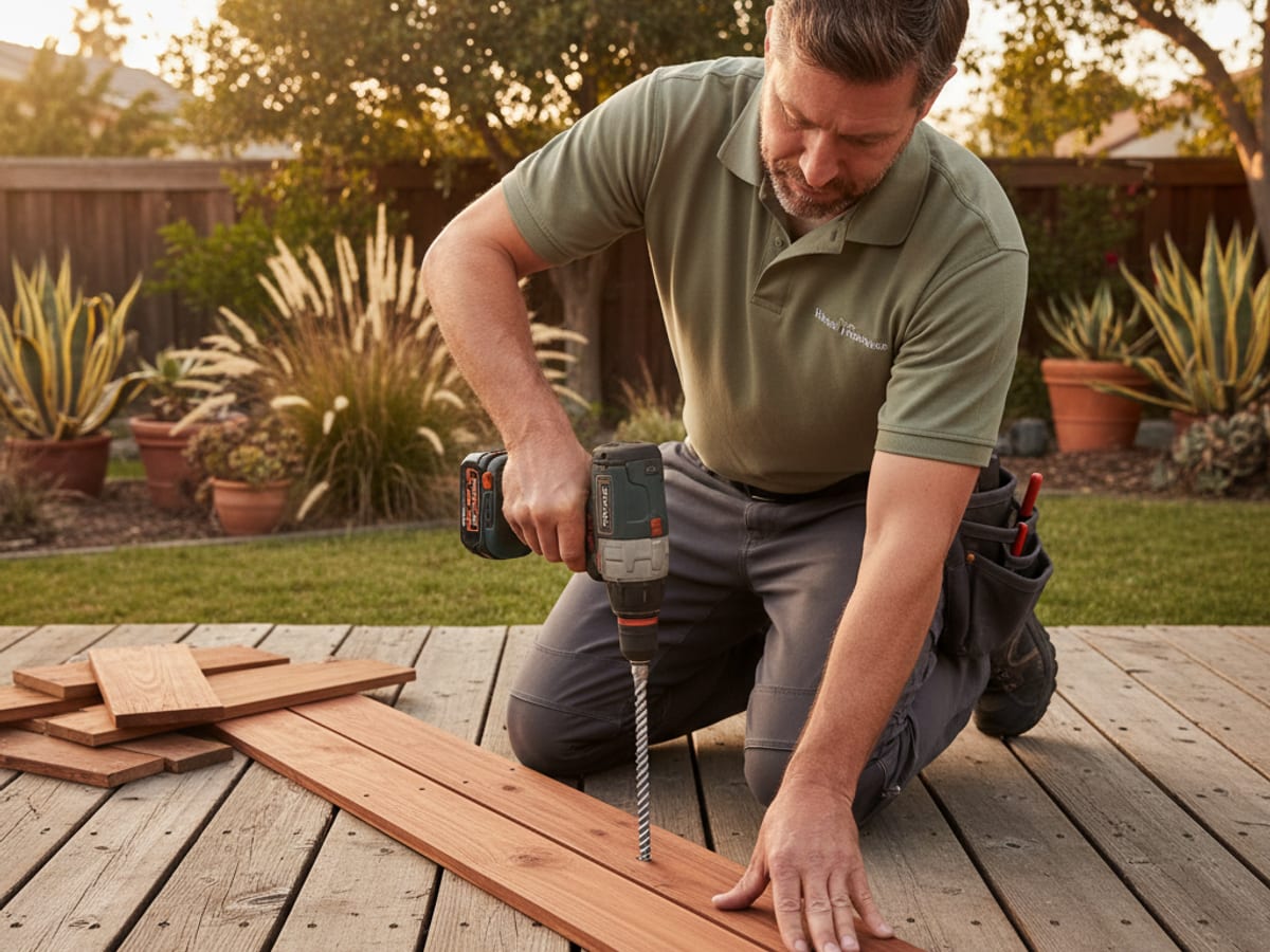 Handyman replacing rotted deck boards on a coastal San Diego home