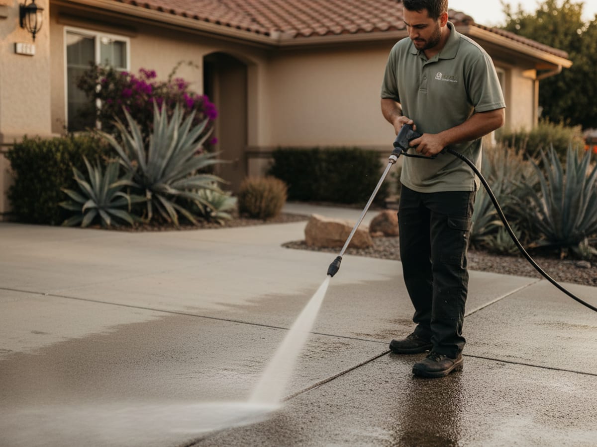 Handyman pressure washing a concrete driveway at a San Diego home