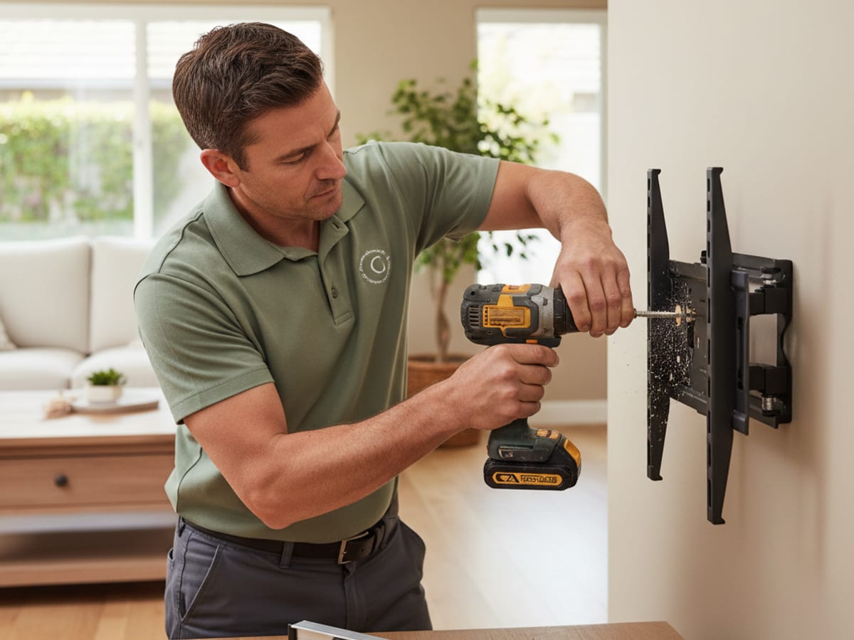 Handyman mounting a large flat-screen TV on a living room wall in a San Diego home